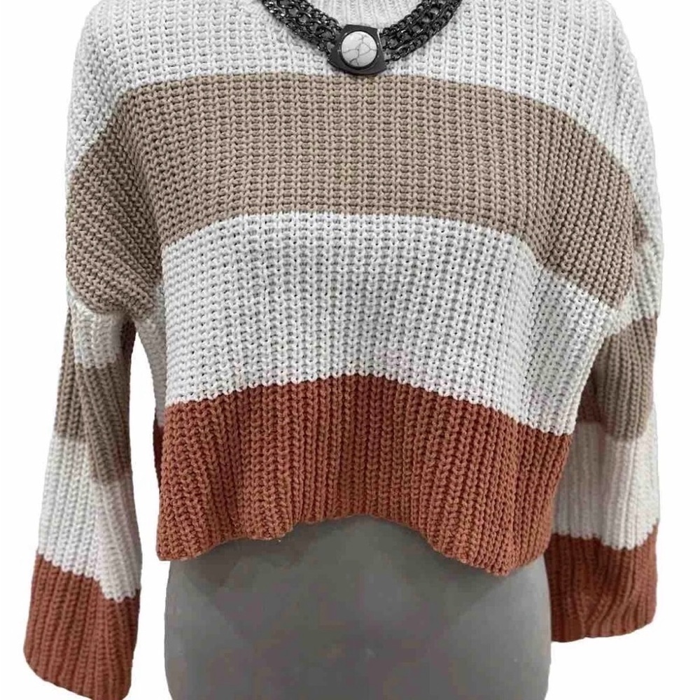 Anthropologie Moon & Madison XS sweater cropped, beige tan rust striped - Picture 2 of 5